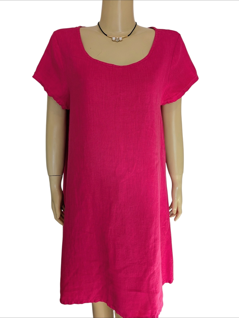 Bryn Walker Fuchsia Scoop Neck Short Mini Dress/ Tunic, 100% Linen